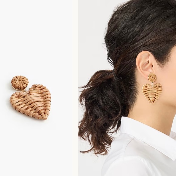 J Crew Factory Woven Rattan Heart Shape  Statement Earrings  NEW - Picture 2 of 5